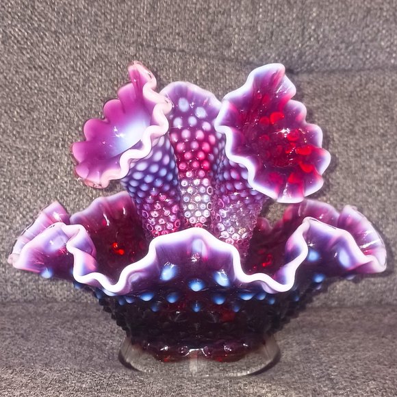 Fenton Glass Co Other - Antique Fenton Cranberry Opalescent Epergne Hobnail Bowl with Three Horns